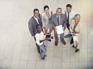 Image showing Teamwork, portrait and business people in office for collaboration, planning and conversation. Top view, corporate and group of diverse employee workers for strategy, brainstorming or technology