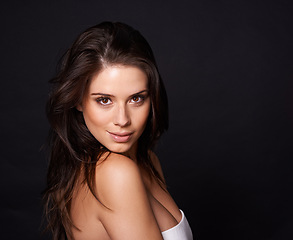 Image showing Smile, portrait or woman in studio for skincare, wellness or collagen dermatology on black background. Beauty, face or happy female model with glowing skin treatment, results or cosmetic satisfaction