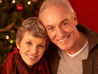 Image showing Christmas, smile and portrait of senior couple, decorations and celebration with love and happiness. Grandparents, retirement or face on Christian holiday, affection or elderly man and wife in home