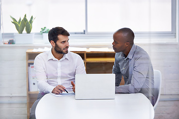 Image showing Men, laptop and business meeting for teamwork decision as collaboration or b2b partnership, brainstorming or project planning. Male people, paperwork and conference room as startup, review or report