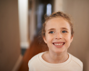 Image showing Teeth, smile and child in home or girl with pride and happiness from health and wellness. Kid, relax and enjoy weekend in house with dental, healthcare or confidence on holiday or vacation in London