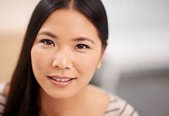 Image showing Young, asian business woman or portrait for happy in career or job satisfaction with ambition. Japanese person, smile or face as designer in office or confident as creative professional in workplace