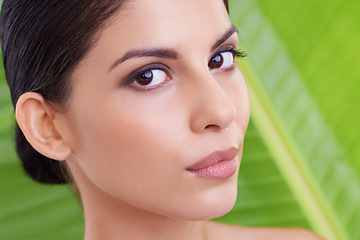 Image showing Portrait, woman and beauty with palm leaf background, makeup and natural skincare with dermatology. Organic, nature and eco friendly cosmetics, clean facial with wellness and sustainable treatment