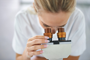 Image showing Solution, microscope or woman scientist in laboratory for research, medical analysis or test experiment. Healthcare, investigation or science expert with technology for future development or results