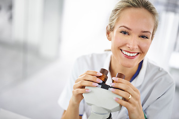 Image showing Happy woman, portrait and scientist with microscope for research, biology or forensics at lab. Face of female person or medical expert with smile for test, exam or scientific discovery at laboratory