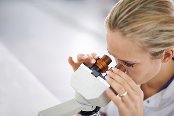 Image showing Woman, research and scientist with microscope for exam, test or scientific discovery at laboratory. Face of female person or medical expert looking in zoom lens or scope for breakthrough in biology