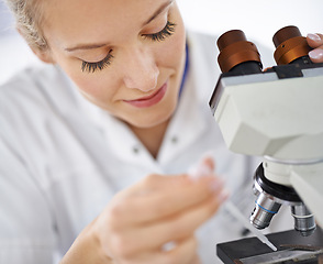 Image showing Woman, microscope and drop with test for laboratory research, scientific exam or discovery at clinic. Face of female person or medical expert with smile and scope for science breakthrough or biology