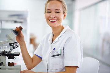 Image showing Portrait, microscope or woman scientist in laboratory for research, medical analysis or test experiment. Solution, investigation or happy science expert with smile for future development or results