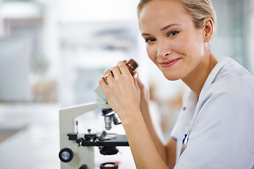 Image showing Happy woman, portrait and laboratory with forensic microscope for research, scientific test or discovery. Female person or medical expert with smile and scope for science, breakthrough or biology