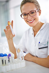 Image showing Happy, test tube or woman scientist in portrait for research, medical liquid sample or virus experiment. Solution, smile or science expert with vaccine cure for development or results review in lab