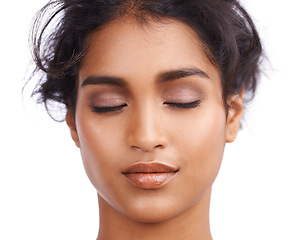 Image showing Beauty, eyes and Indian woman in studio for makeup glamour, cosmetics or wellness on white background. Face, calm or female model with glowing skin, results or cosmetology, shine or satisfaction