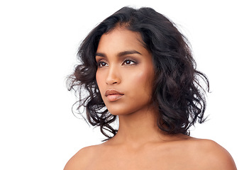 Image showing Skincare, beauty and makeup for Indian woman, luxury and cosmetology on white background. Face, confidence and cosmetic for female model, hairstyle and salon treatment for dermatology in studio