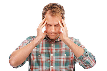 Image showing Headache, man and pain with burnout, stress and guy isolated on white studio background. Person, mockup space and model with a migraine or medical issue with health problem, touching temple or crisis