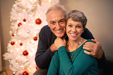 Image showing Christmas, portrait and senior couple with happy, love and support together in a home on holiday. Tree, retirement and marriage with a smile and hug in a house with celebration and santa hat with joy