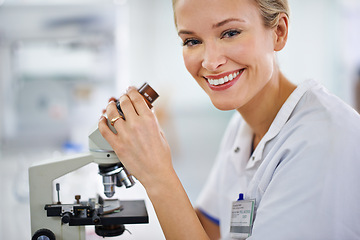 Image showing Happy woman, portrait and microscope with exam for laboratory research, scientific test or discovery. Face of female person or medical expert with smile and scope for science breakthrough or biology