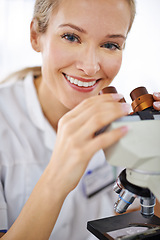 Image showing Happy woman, portrait and microscope with test for laboratory research, scientific exam or discovery. Face of female person or medical expert with smile and scope for science breakthrough or biology