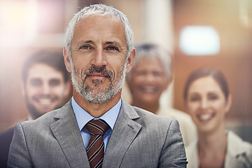 Image showing Leadership, business or senior man portrait with group in court for collaboration, teamwork or support. Face, pride or old lawyer with paralegal team at law firm for startup, about us or career goals