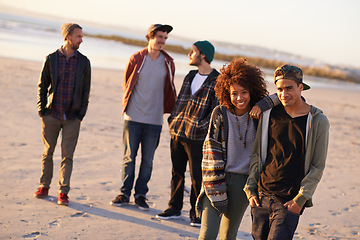 Image showing Beach, sunset and portrait of friends in summer for bonding, adventure and holiday in California. Nature, sand and people by ocean for weekend travel, support or wellness trip at seaside together