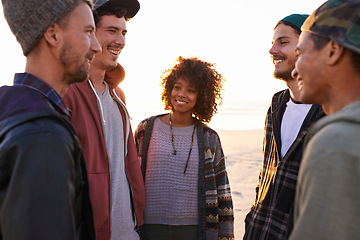 Image showing Diverse, friends and laugh at beach with conversation for support on break or vacation in New York. People, talking and relax in ocean on summer holiday for adventure and happiness for memories