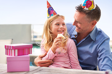 Image showing Girl, dad or happy birthday at family, party or cake to love, bonding or together at poolside patio. Papa, child or smile at cupcake, candle or gift to embrace, care or celebrate as childhood wish