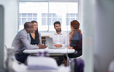 Image showing Corporate, business people and teamwork in conference room for strategy, discussion or meeting. Office, technology and diversity group of employee workers for collaboration, planning or conversation