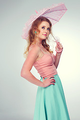 Image showing Thinking, fashion and beauty with woman in vintage aesthetic in studio background with creativity. Happy, style and girl with ideas for clothes in mockup space with retro makeup for unique character