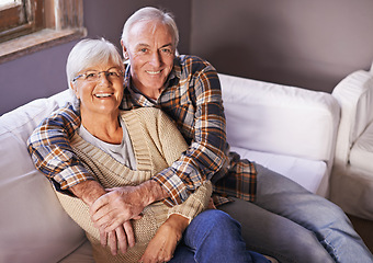 Image showing Couple, senior and portrait with hug, smile and home for happy retirement. Mature man, woman and marriage with elderly, care and love for healthy relationship and romantic rest and relaxation