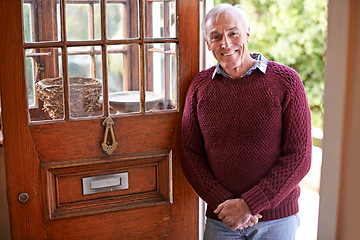 Image showing Smile, door and portrait of senior man at his home with positive, good and confident attitude. Happy, pride and elderly male person in retirement at wooden entrance of modern house in Australia.
