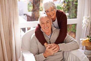 Image showing Couple, senior and portrait with embrace, window and home for happy retirement. Mature man, woman and marriage with elderly, care and love for healthy relationship and romantic rest and relaxation