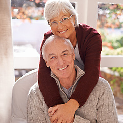 Image showing Couple, mature and portrait with embrace, window and home for happy retirement. Senior man, woman and marriage with elderly, care and love for healthy relationship and romantic rest and relaxation