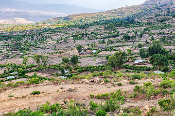 Image showing Beautiful mountain landscape with traditional Ethiopian houses, Amhara Region Ethiopia, Africa.