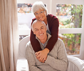 Image showing Couple, mature and portrait with hug, smile and home for happy retirement. Senior man, woman and marriage with elderly, care and love for healthy relationship and romantic rest and relaxation