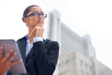 Image showing Lawyer, thinking or woman with tablet in city for legal research, online app or social media post. Attorney, low angle or advocate with business email, networking or internet article ideas for travel