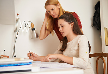 Image showing Teen, mom and help with studying in home, student and support for assignment or project. Mother, girl and schoolwork on weekend in bedroom, education and assistance or guidance for learning by desk