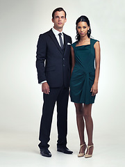 Image showing Portrait, event and couple in vintage fashion in studio and confidence in elegant style in mockup. Face, pride or young man by woman in retro clothes, diversity or class for party by white background