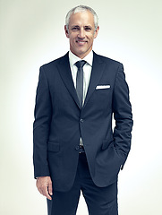 Image showing Business man, smile and portrait in studio for professional, career and corporate for job and style indoor. Mature person, trader or executive and happy with suit for confidence and work