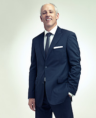 Image showing Mature, businessman and portrait in studio with confidence as entrepreneur boss of financial company, corporate or white background. Male person, face and professional for accounting, loans or mockup