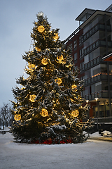 Image showing Christmas tree outdoors in a small Finnish town