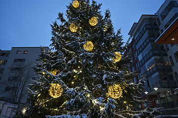 Image showing Christmas tree outdoors in a small Finnish town