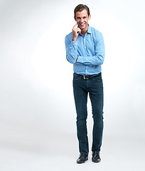 Image showing Thinking, fashion and portrait of businessman in studio with shirt and pants for classy outfit. Smile, idea and full body of professional male person with elegant style for career by white background