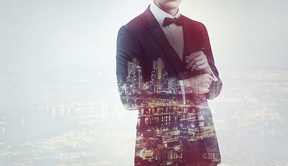 Image showing Business, body and suit with double exposure in city at night for career, job or corporate salesman with fashion. Professional, tuxedo and person in formal clothes, entrepreneur or confident employee