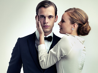 Image showing Stylish, couple and portrait in studio for vintage or retro fashion with classic old school look, elegant and glamour. Male person or playboy, woman and together for romance relationship and luxury.