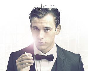 Image showing Businessman, portrait and cigarette with suit in studio or wealthy vintage or city overlay, smoking or white background. Male person, nicotine and classic fashion with bowtie, tuxedo or mockup space