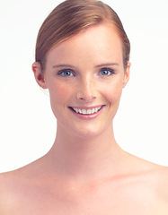 Image showing Portrait, natural beauty and happy woman with skincare, health and aesthetic in studio isolated on a white background. Face, smile and ginger model with freckles, cosmetics and facial dermatology