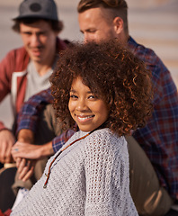 Image showing Portrait, skate park and woman with friends, smile and sunshine with weekend break and bonding together. Face, people and group with planning and relaxing with conversation and vacation with team