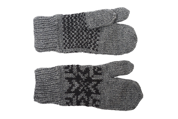 Image showing wool gray knitted three-fingered gloves on a white 