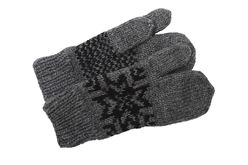 Image showing wool gray knitted three-fingered gloves on a white 