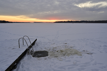 Image showing A frozen lake with a ladder