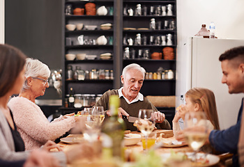Image showing Family, food and table for lunch in home, conversation and healthy meal or alcohol in apartment. Happy people, bonding and eating together on weekend, relax and speaking or sharing in dining room