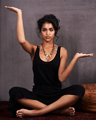 Image showing Indian woman, meditation and portrait with pose for inner peace, mental health and self care for mindfulness. Female person, face and relax on floor with spiritual healing, wellness and zen.